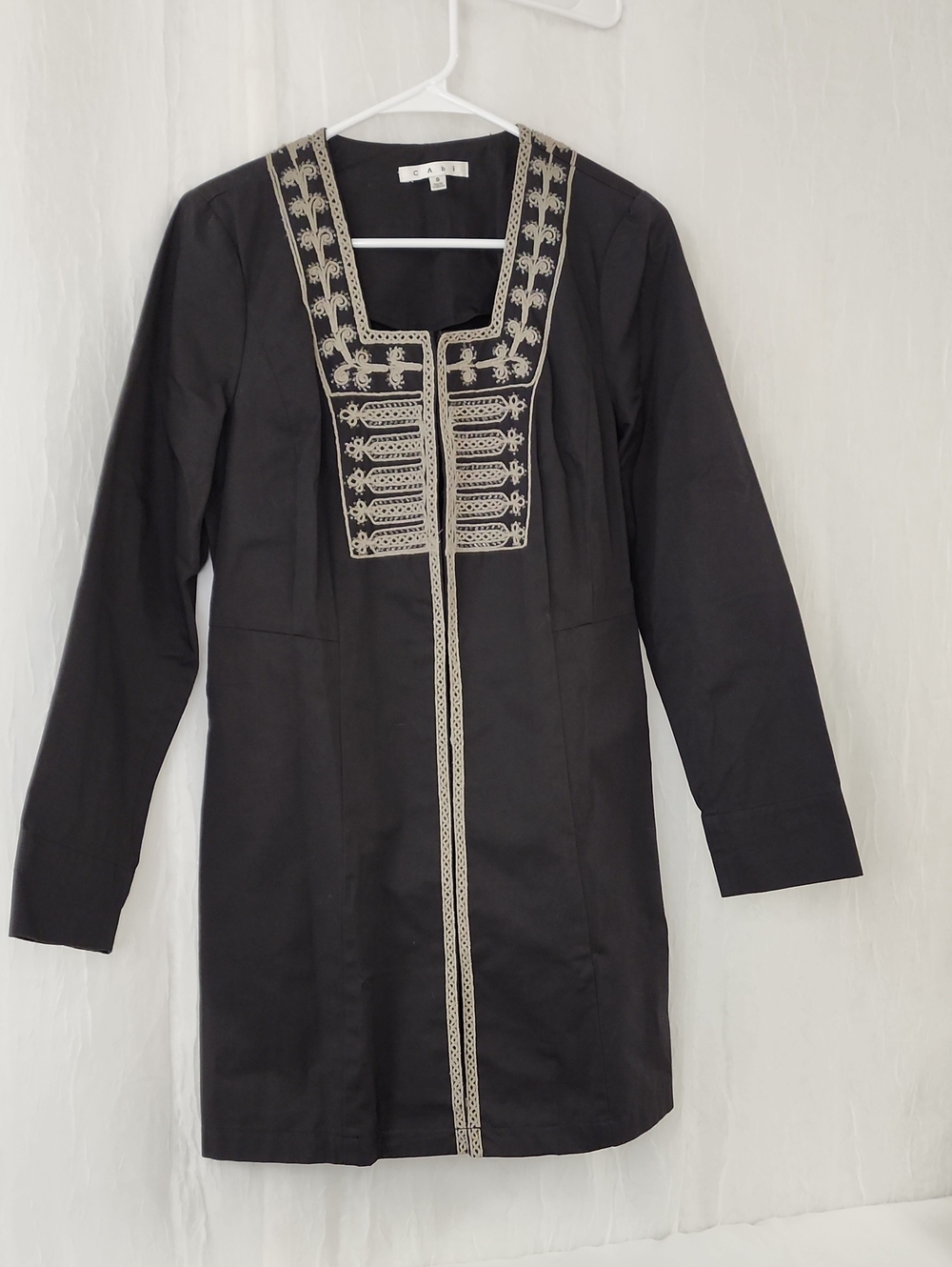 CAbi Black Long-Sleeve Dress Jacket with Gray Embroidered Trim